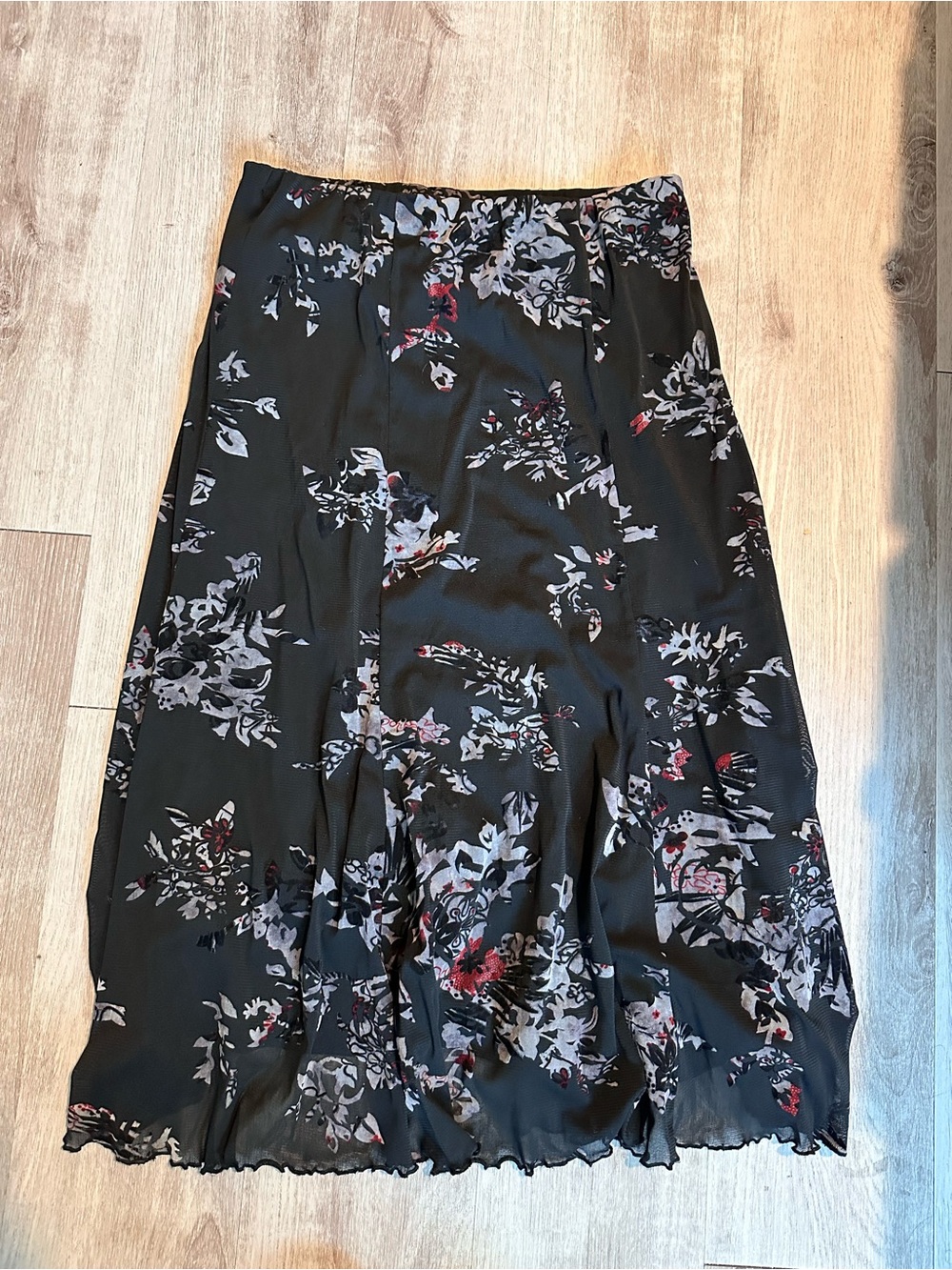 Requirements Black Floral Midi Skirt with Red Accents